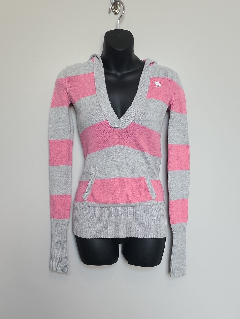 Y2K Abercrombie Long Sleeve Hooded Sweater Deep V Neck Gray Pink Medium